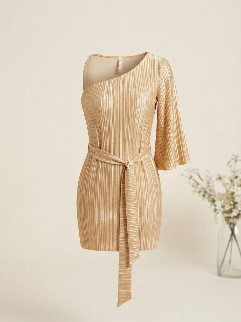 entro Gold One-Shoulder Pleated Mini Dress with Tie Belt